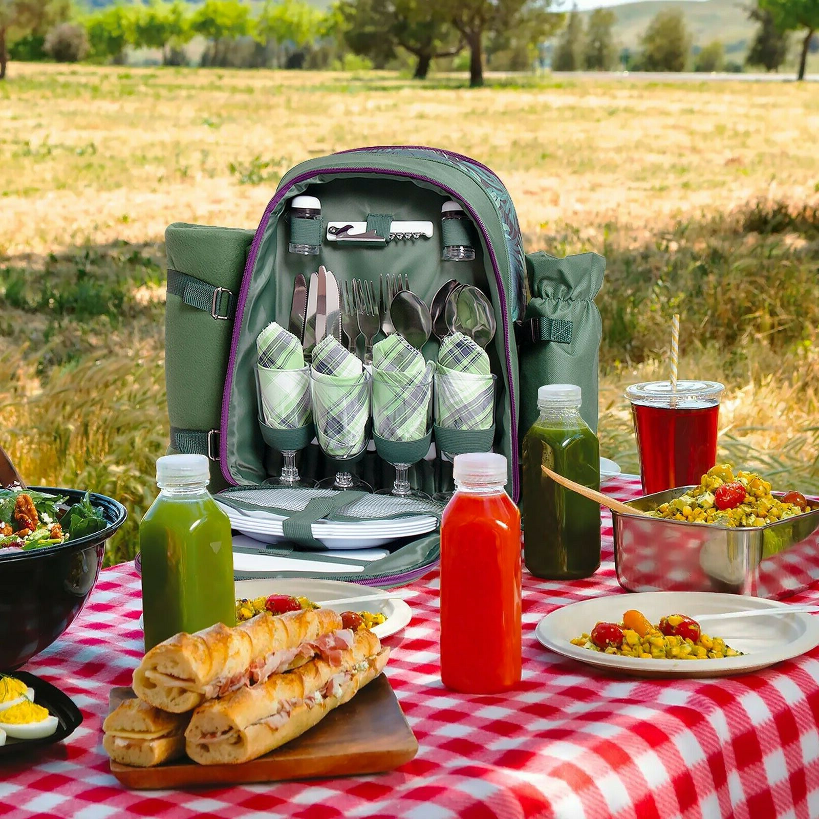 Flexzion Picnic Backpack Kit - Set for 4 Person with Cooler Compartment, Detachable Bottle/Wine Holder, Fleece Blanket, Plates and Flatware Cutlery